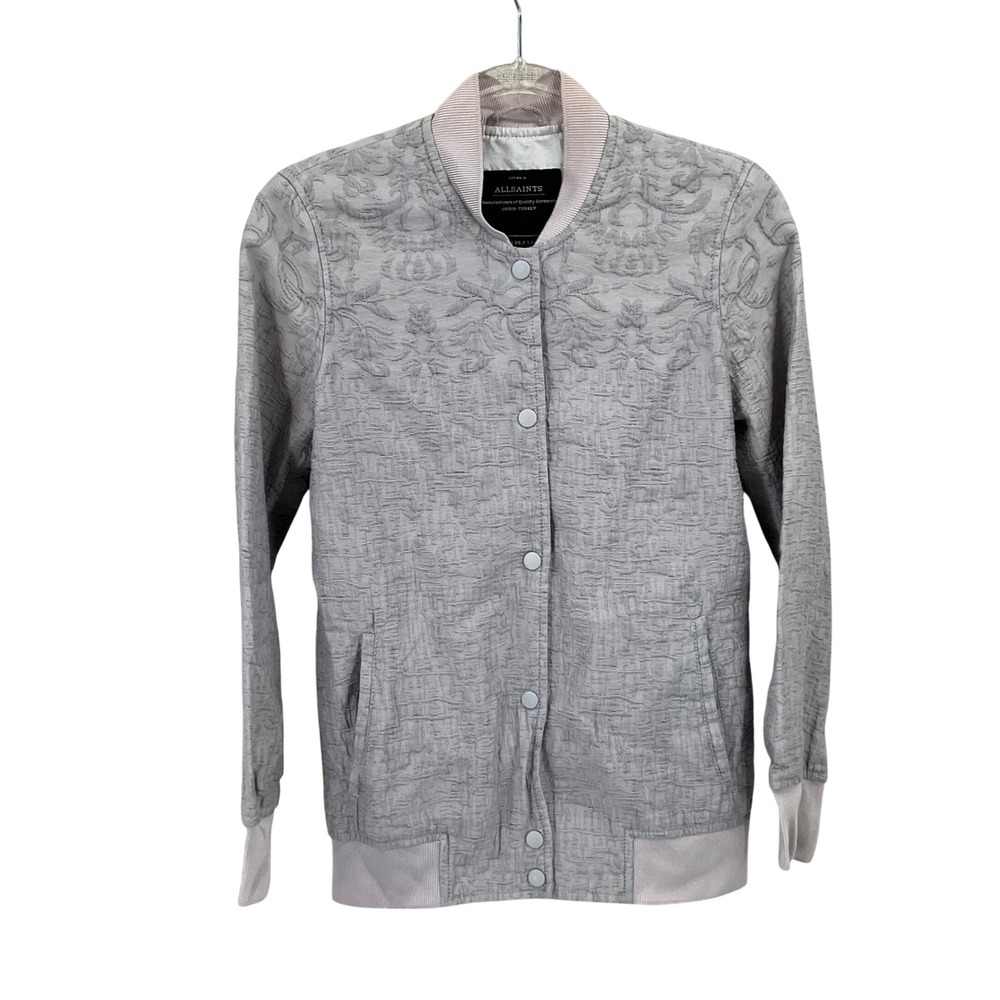 AllSaints Payton Bomber Jacket Womens 2 Grey Jacquard Floral Embroidered Luxury